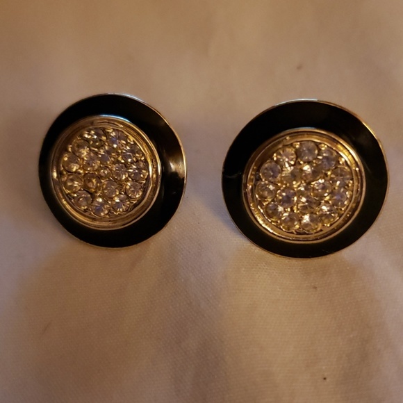 BLACK & GOLD ROUND EARRINGS WITH RHINESTONES - Picture 3 of 3